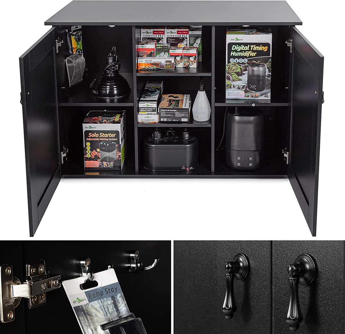 Black reptile terrarium storage cabinet with shelves, accessories, and humidifier inside