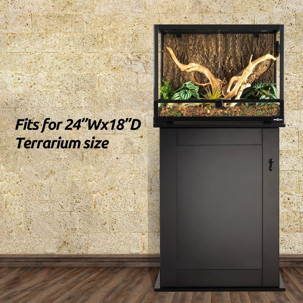 Black cabinet stand for 24x18 inch reptile terrarium with naturalistic setup against stone wall