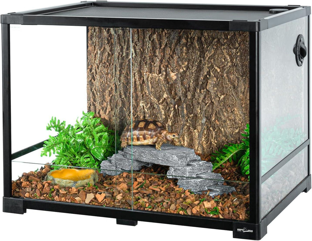 Glass reptile terrarium with tortoise, rocks, plants and bark background for pet habitat