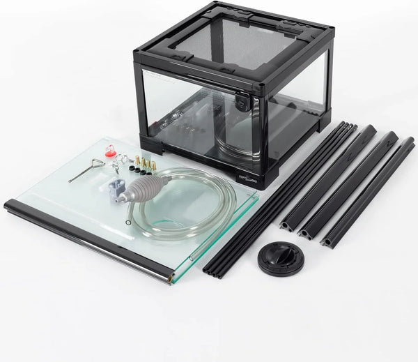 Glass reptile terrarium kit with screen lid, tubing, parts, and assembly accessories