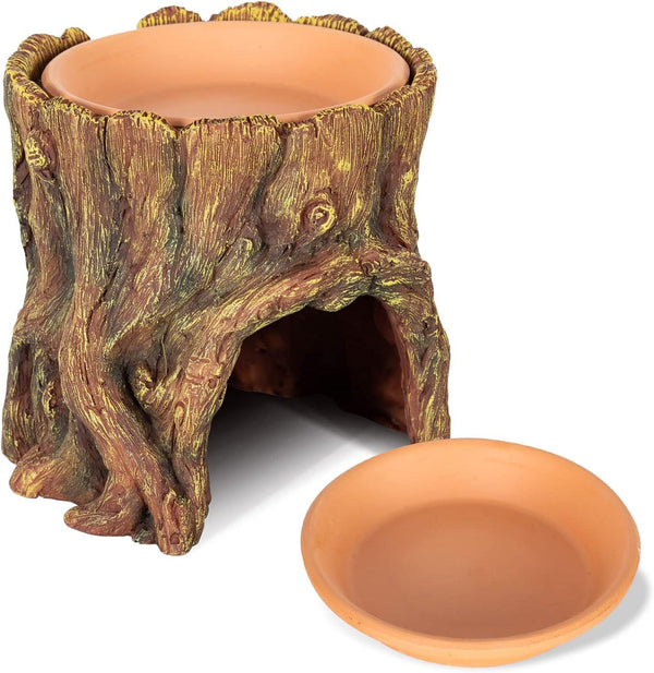 Fake tree stump reptile hideout shelter with removable food water dish for terrarium