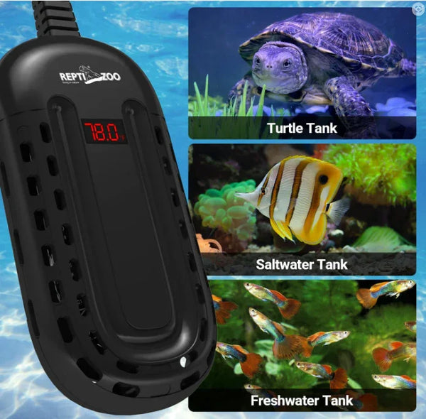 Aquarium heater with digital display for turtle, saltwater, and freshwater tanks