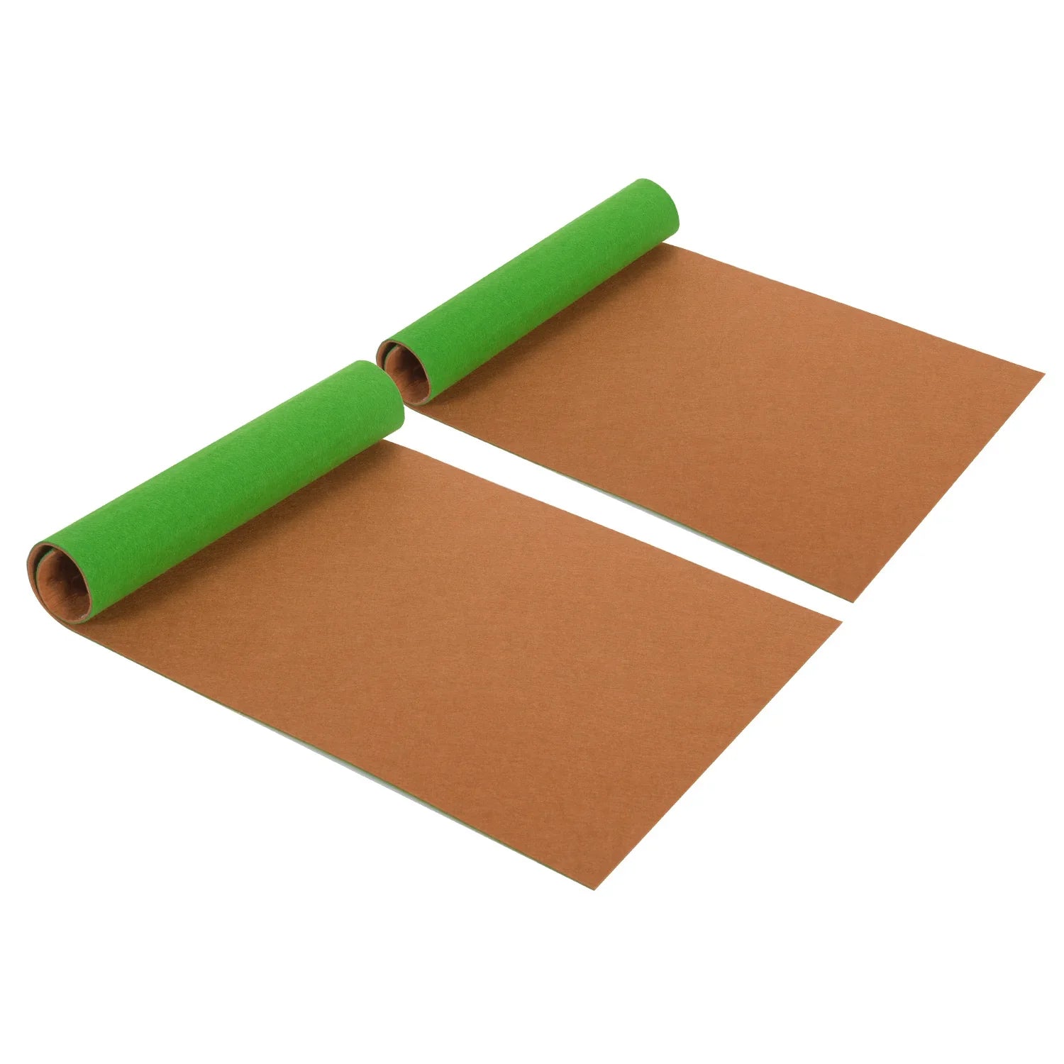 Pair of brown reptile terrarium liners with green backing, unrolled on white background
