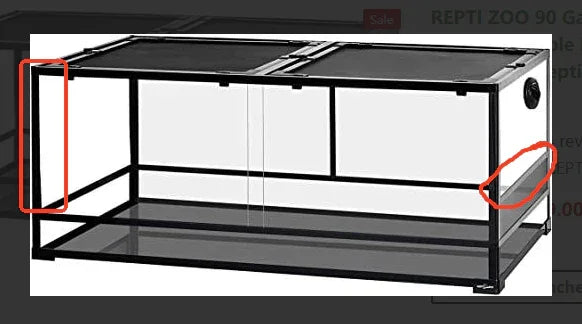 Large glass reptile terrarium with black metal frame, sliding doors, and mesh top cover. Main image