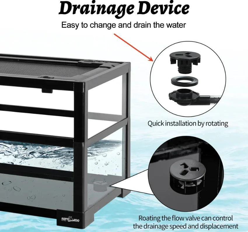 Reptile terrarium with drainage device, showing easy-install flow control valve for water change Main image