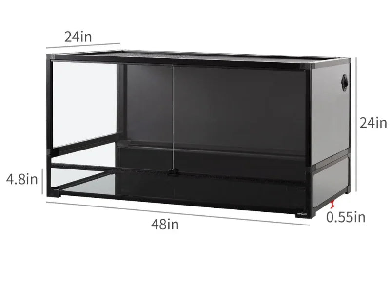 Large glass reptile terrarium, 48x24x24 inches, with front sliding doors and vented top. Main image