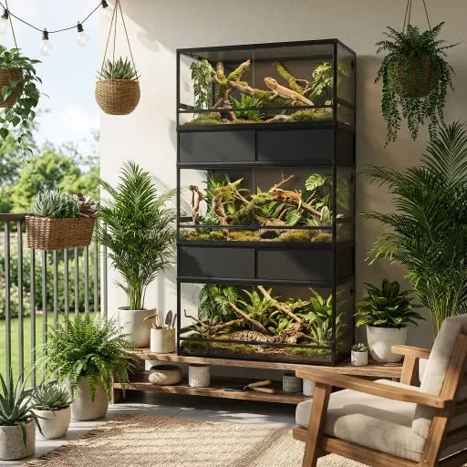 Stacked reptile terrariums with branches and plants in a bright indoor setting