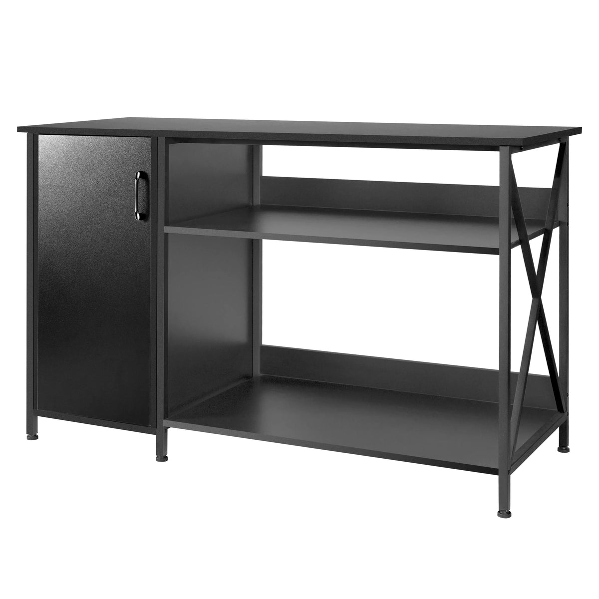 Black metal reptile terrarium stand with storage cabinet and open shelves. Main image