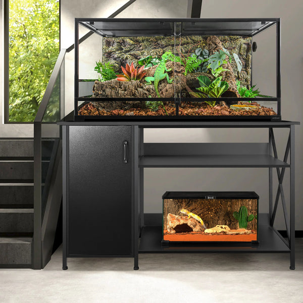 Dual reptile terrarium setup with lush plants and reptiles on a black metal stand in modern room.