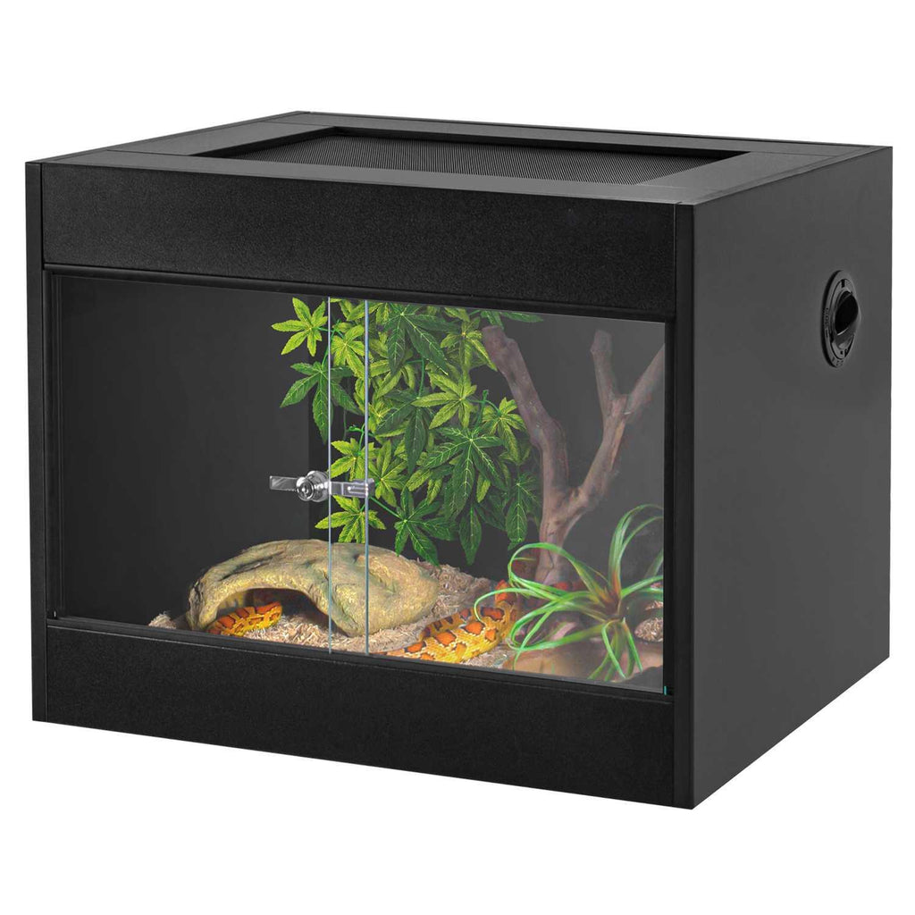 Glass reptile terrarium with sliding doors, plants, decor, and a snake inside
