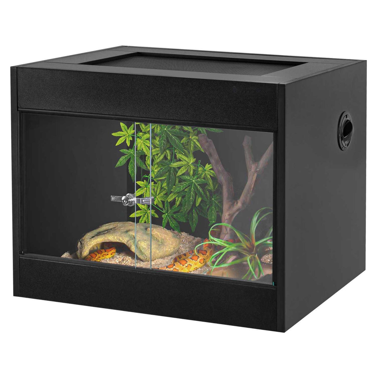 Glass reptile terrarium with sliding doors, plants, decor, and a snake inside