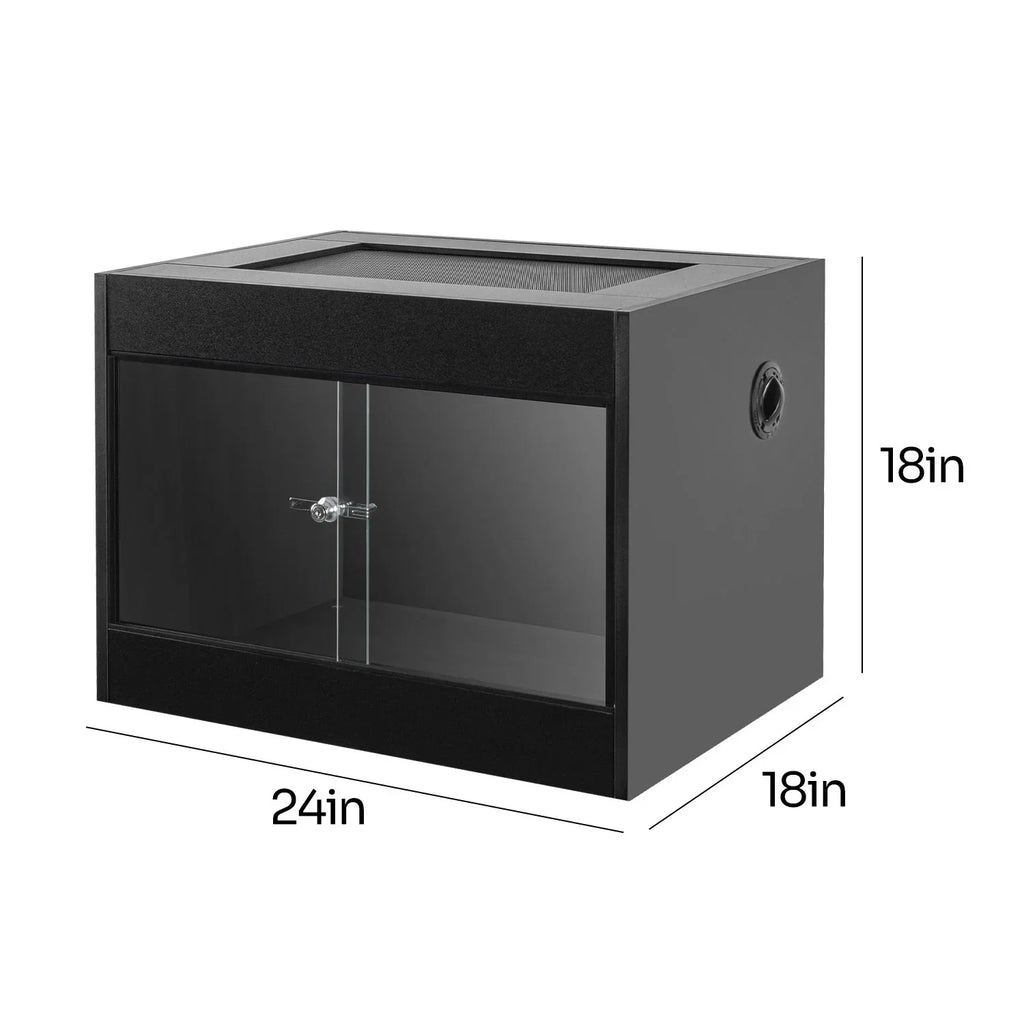 Glass reptile terrarium 24x18x18 inches with sliding front doors and mesh top for ventilation.
