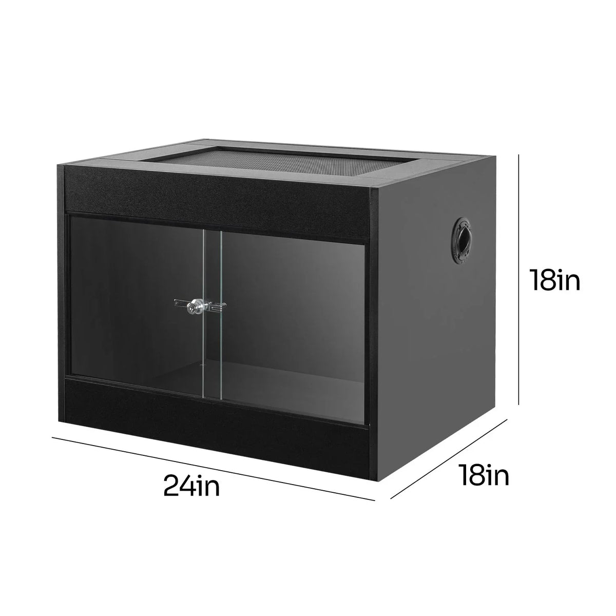 Glass reptile terrarium 24x18x18 inches with sliding front doors and mesh top for ventilation.