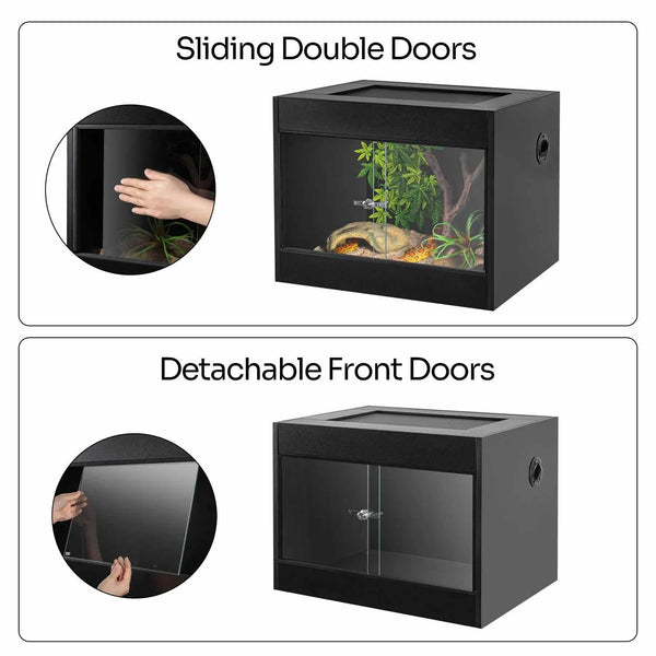 Black reptile terrarium with sliding double doors and detachable front glass doors