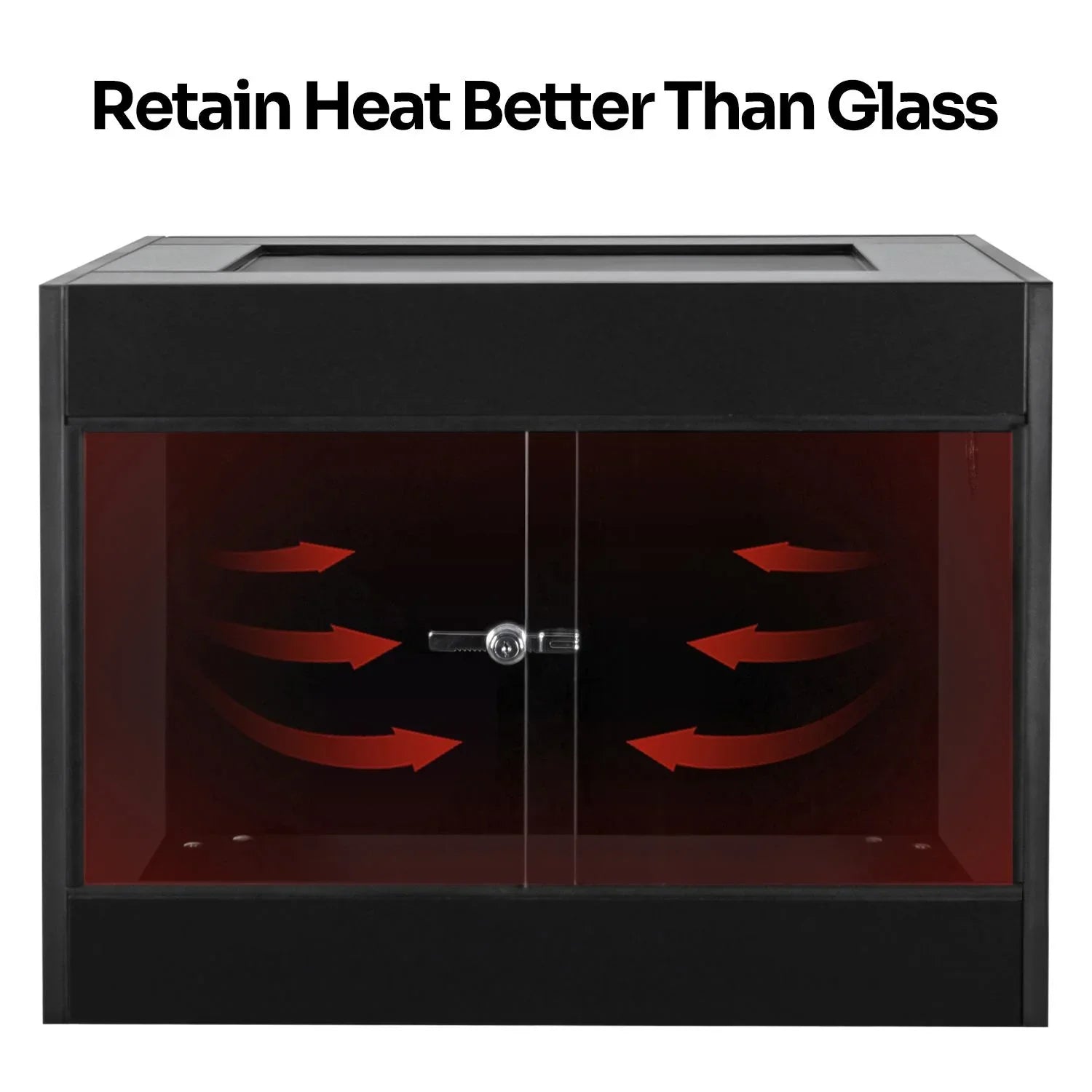 Black reptile terrarium with heat retention arrows, front glass doors, and lock showing heat retention benefits.