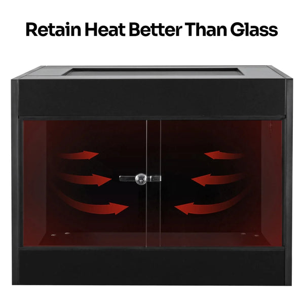 Black reptile terrarium with heat retention arrows, front glass doors, and lock showing heat retention benefits.