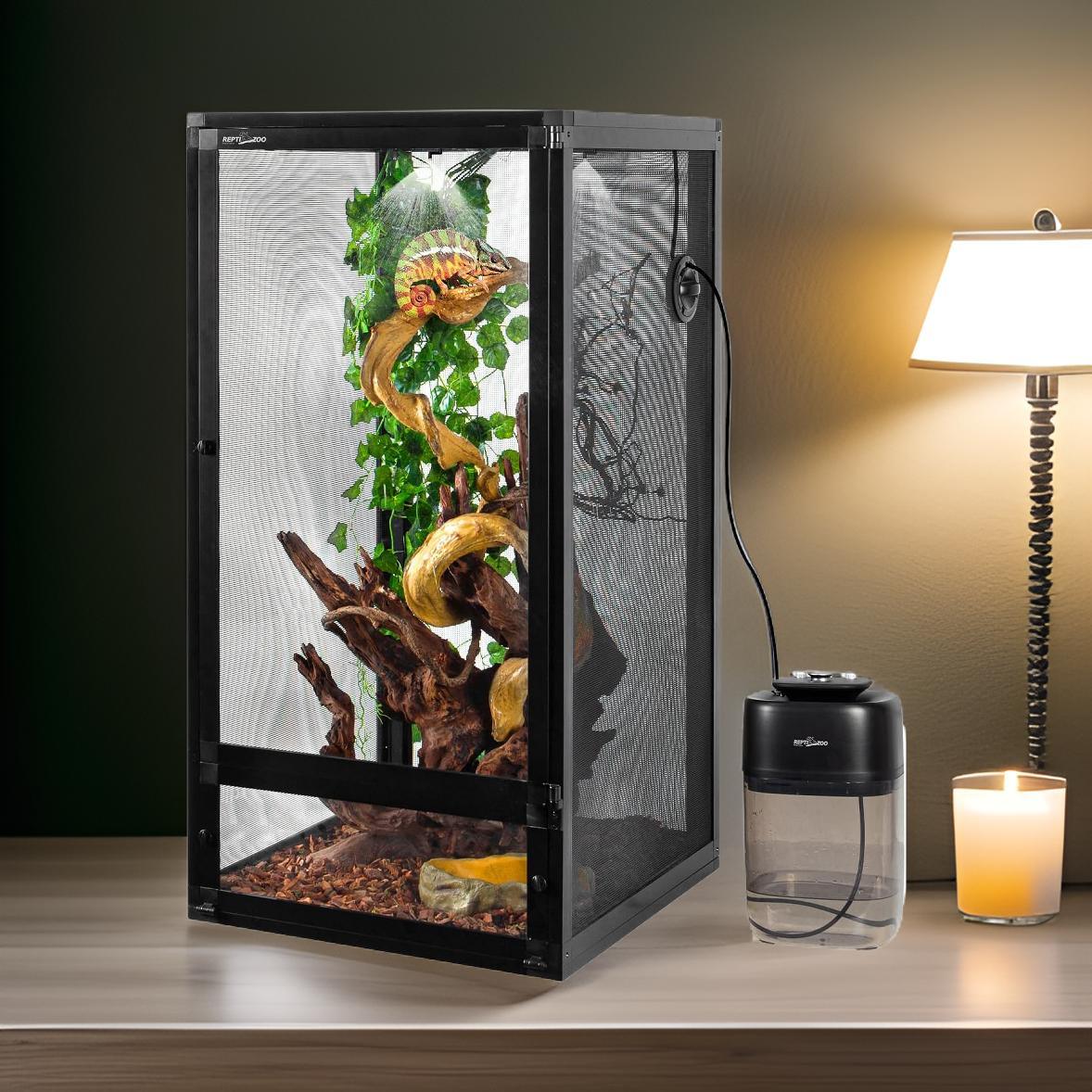 120 gallon reptile terrarium with mesh walls, climbing branches, and automatic misting system