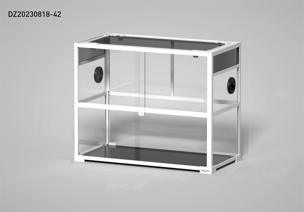 Custom glass reptile terrarium with side ventilation and sliding doors on a grey background
