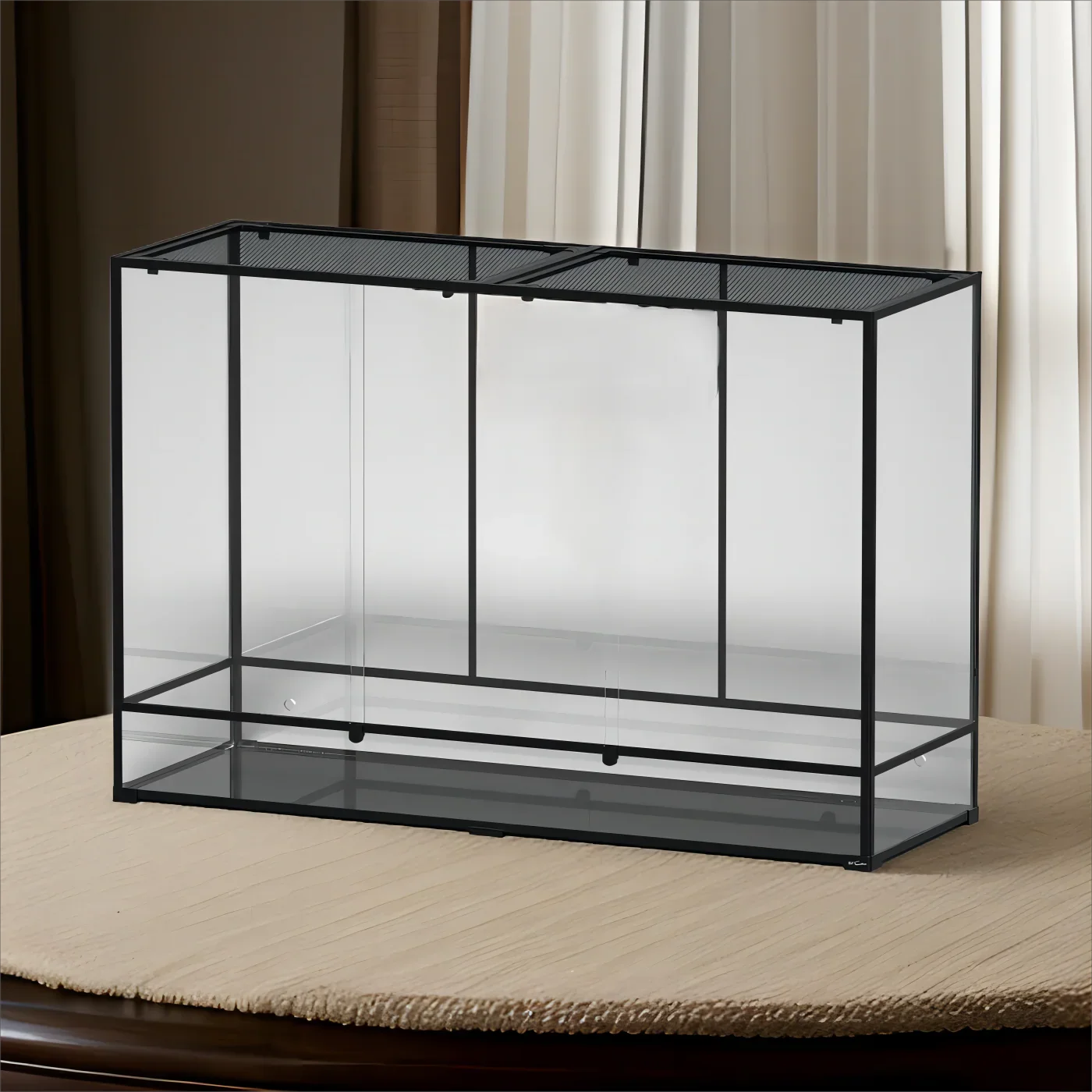 Large glass reptile terrarium with black metal frame and mesh top for ventilation Main image