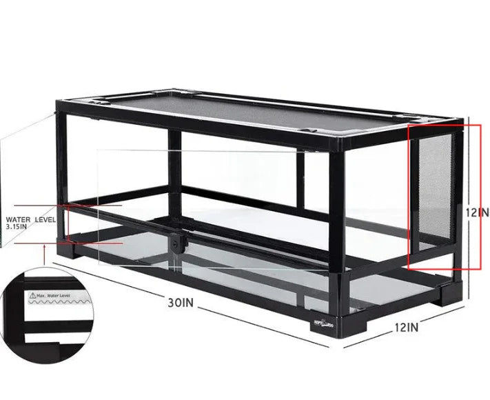 30x12x12 inch glass reptile terrarium cage with mesh sides and water level indicator