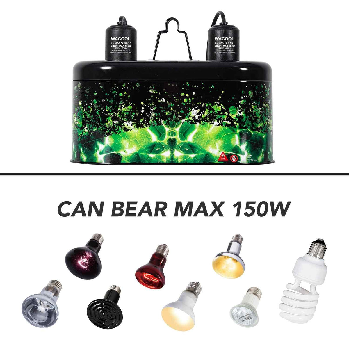 Dual dome reptile lamp fixture with green pattern, shown with various compatible bulbs, max 150W