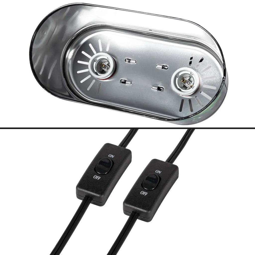 Dual reptile lamp fixture with reflective interior and two power switches, ideal for terrariums