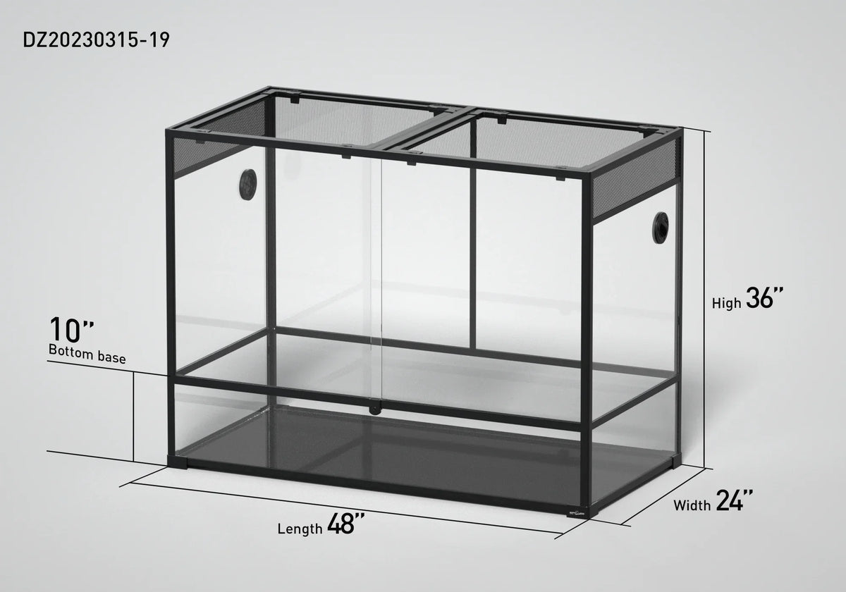 Large glass reptile terrarium with mesh top, 48x24x36 inch dimensions displayed.