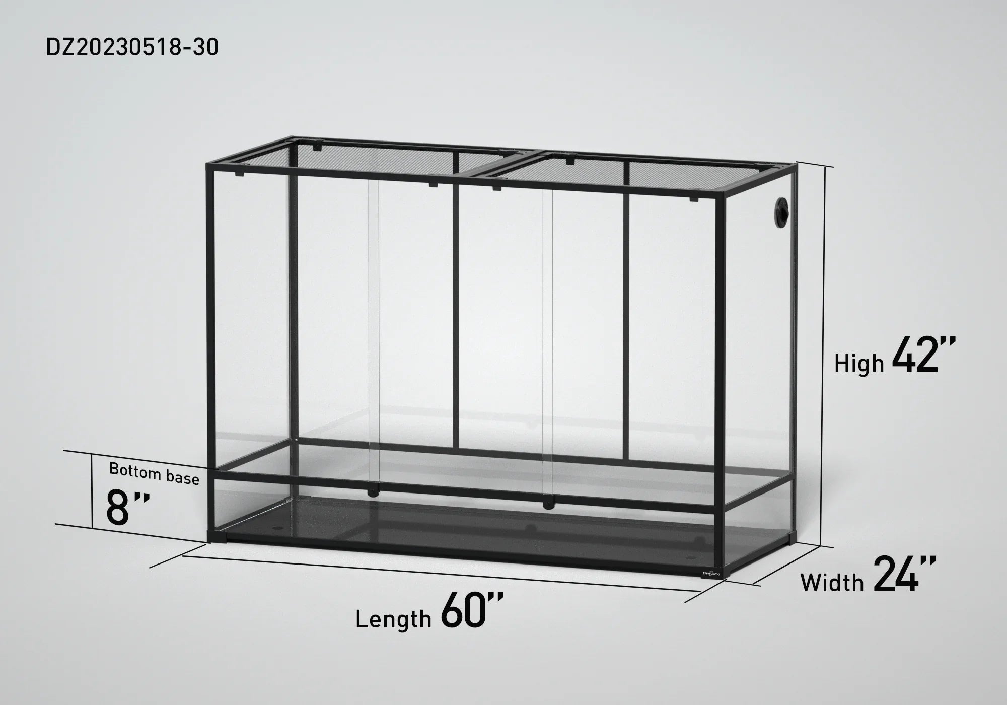 Large glass reptile terrarium, 60x24x42 inches, black frame, clear panels, mesh top. Main image