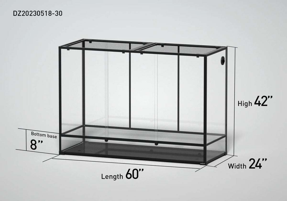 Large glass reptile terrarium, 60x24x42 inches, black frame, clear panels, mesh top.
