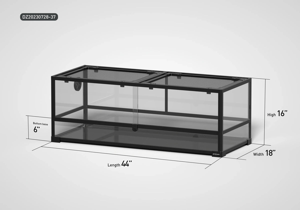 Large glass reptile terrarium with mesh top, sliding doors, and dimensions 44x18x16 inches.