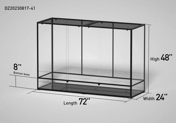 Large glass reptile terrarium, 72x24x48 inches, with mesh top and labeled dimensions.