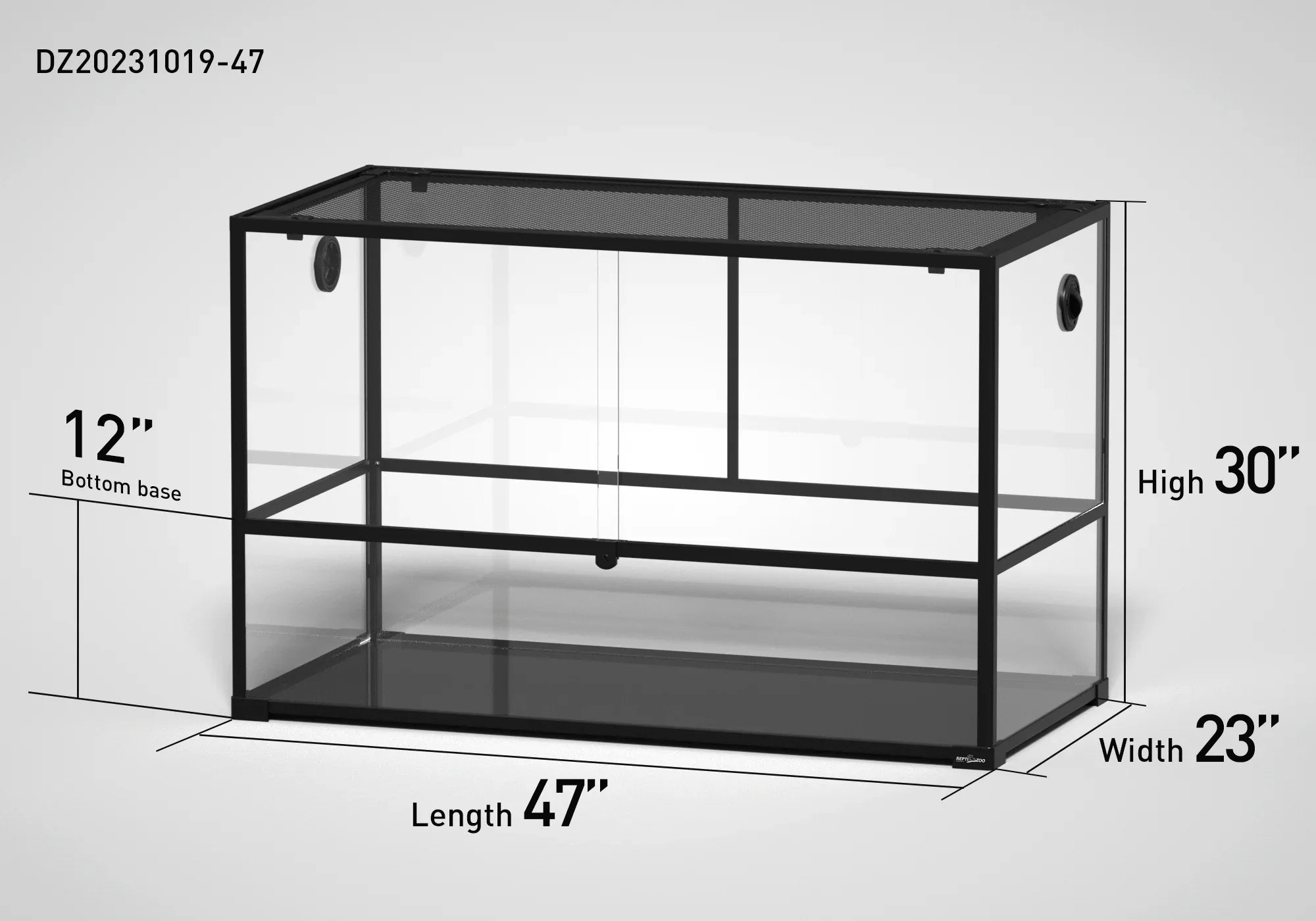 Large glass reptile terrarium with mesh top, 47x23x30 inches, labeled dimensions Main image