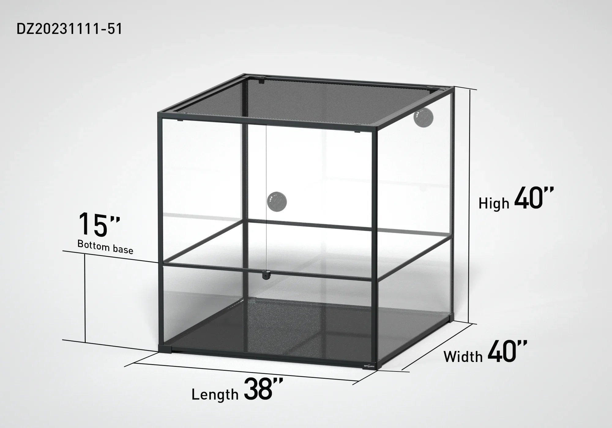Large glass reptile terrarium with mesh top, 40x40x38 inch dimensions, labeled measurements