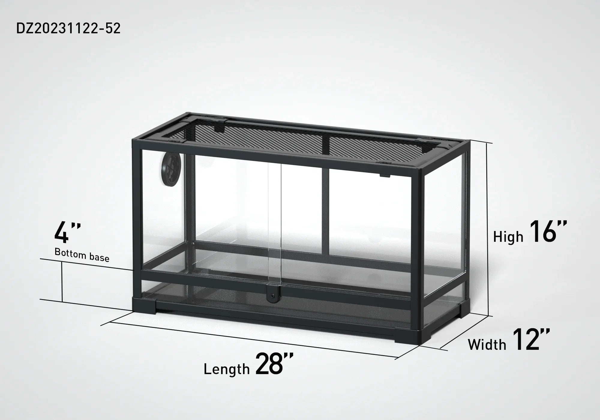 Glass reptile terrarium with mesh top, measuring 28x12x16 inches, 4 inch base, black frame Main image