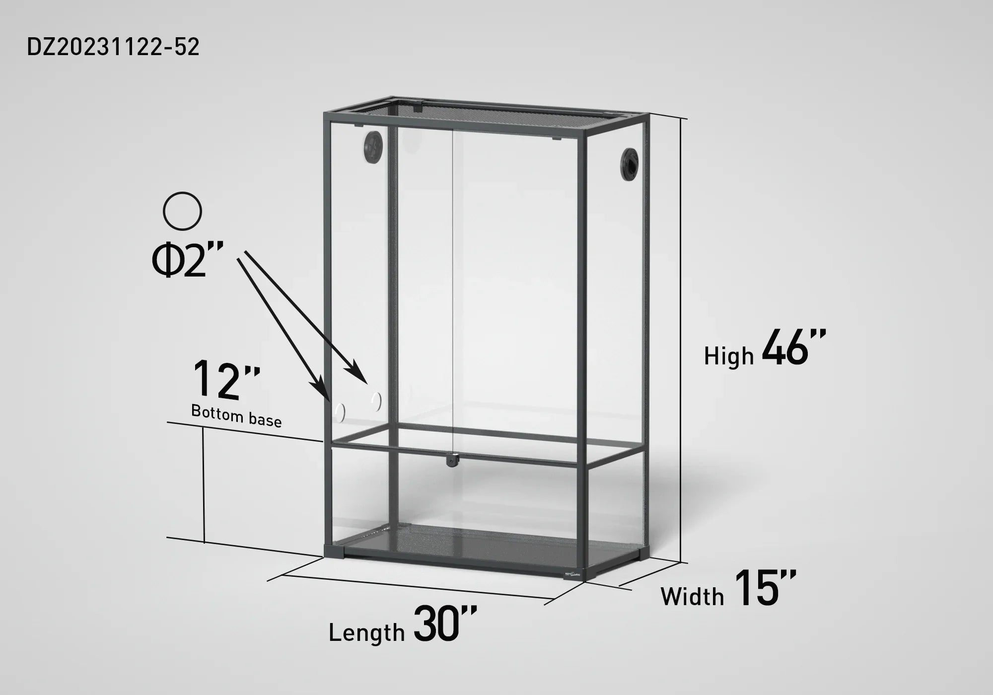 Large glass reptile terrarium 46x30x15 inches with ventilation ports and metal frame Main image