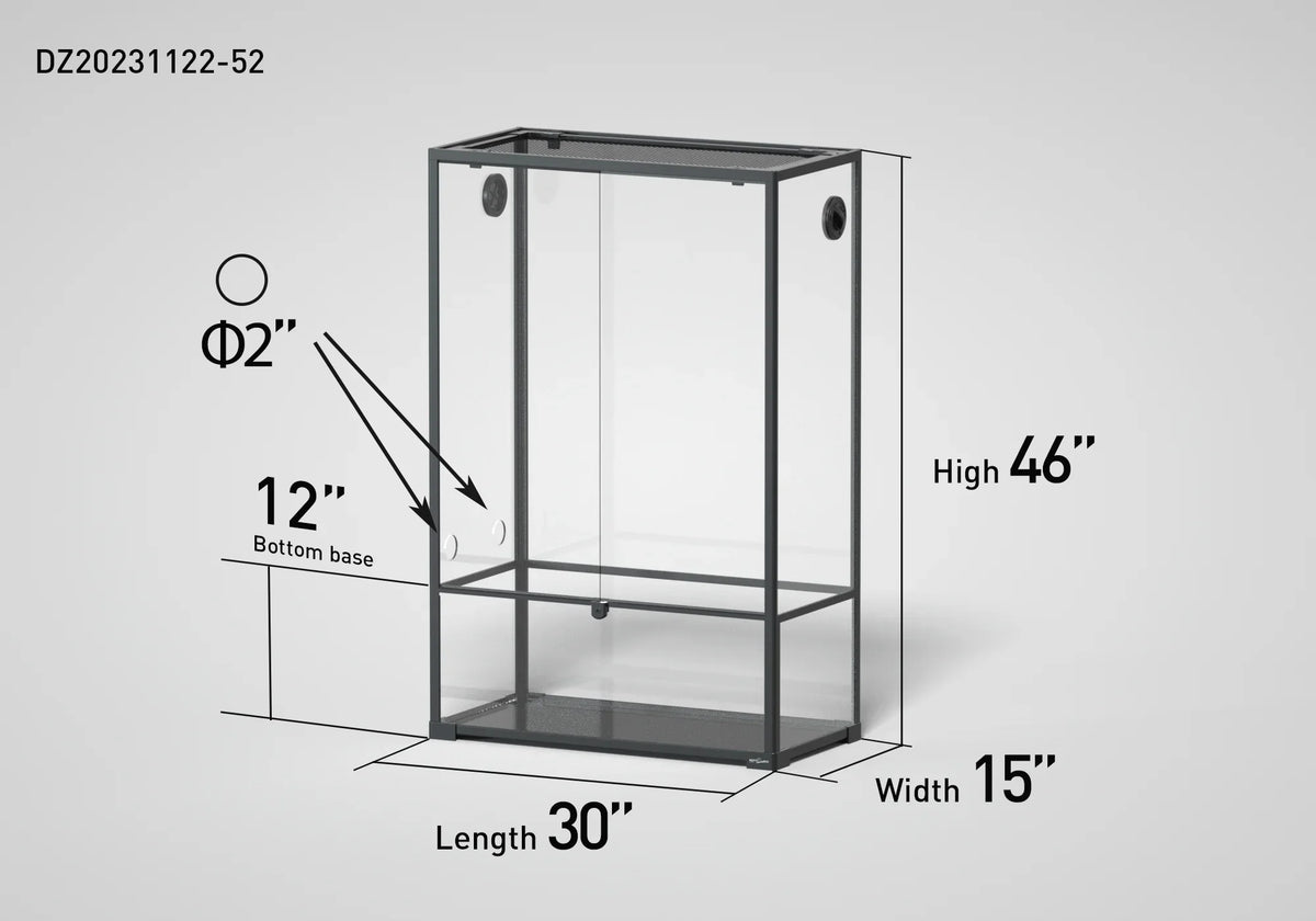 Large glass reptile terrarium 46x30x15 inches with ventilation ports and metal frame