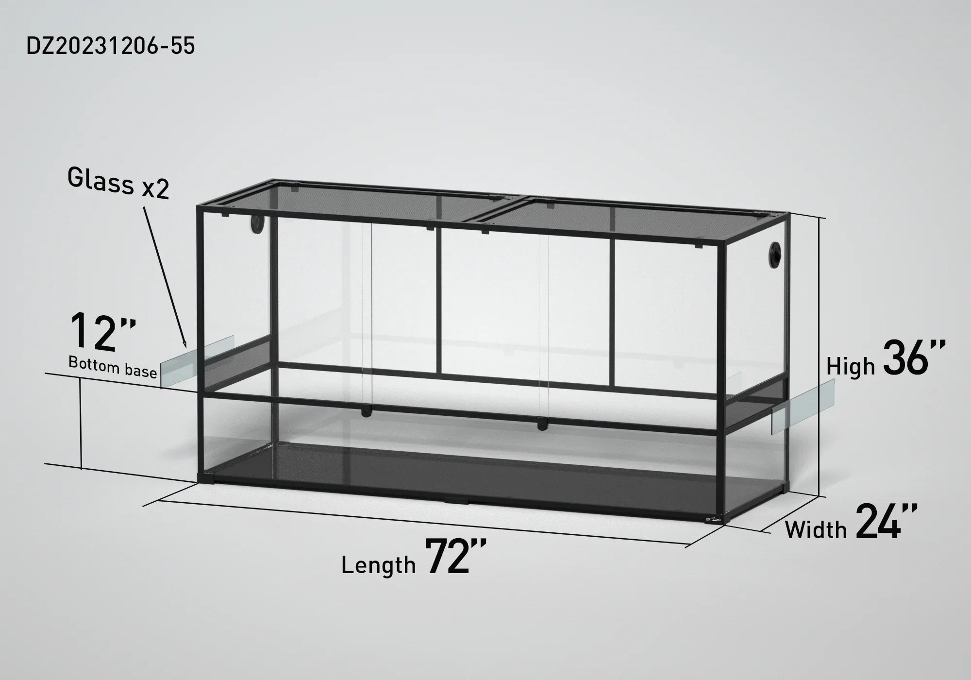 Large glass reptile terrarium with labeled dimensions 72x24x36 inches, suitable for reptiles. Main image