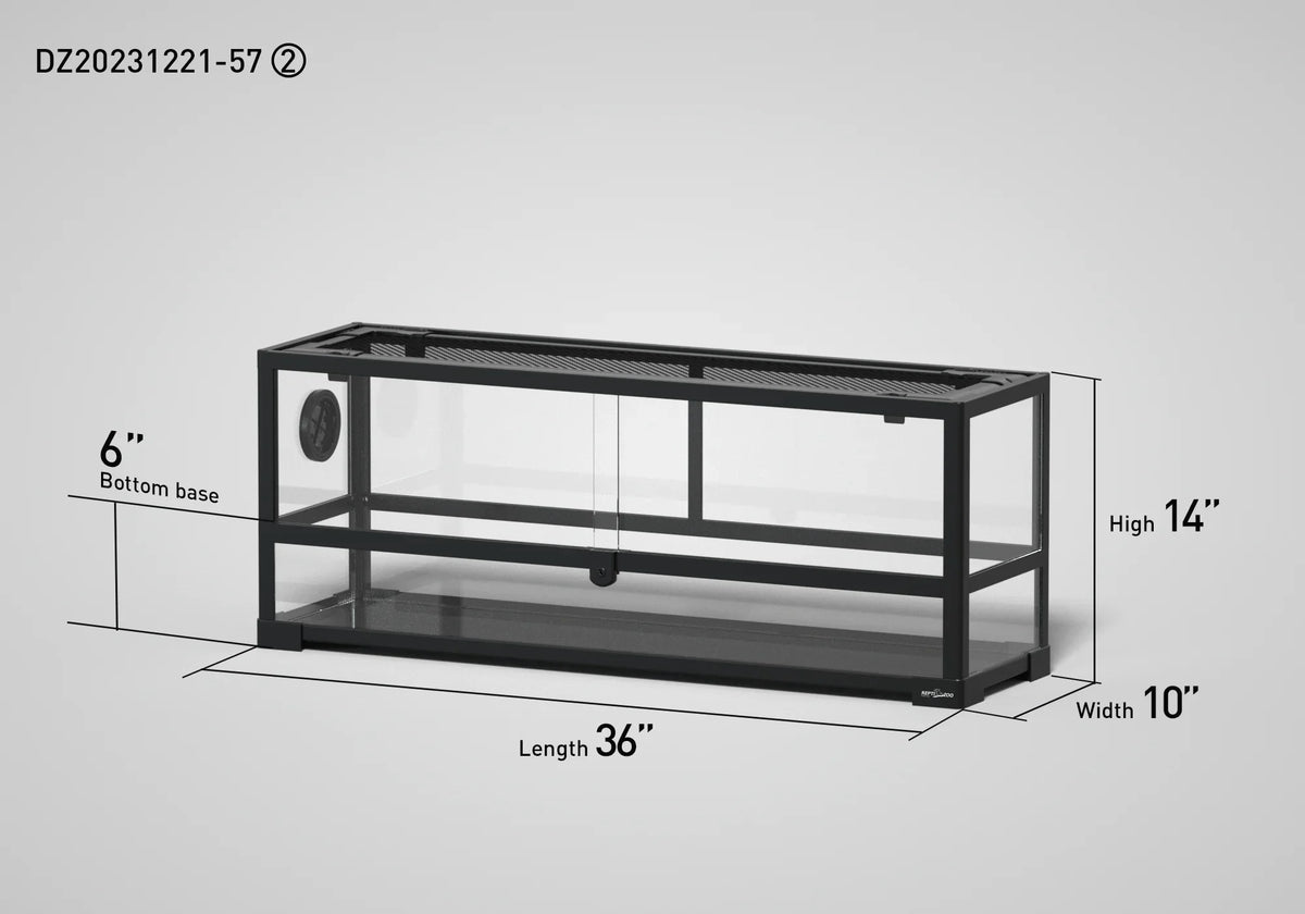 Rectangular glass reptile terrarium with mesh lid, 36x10x14 inches, side vent, black frame. Main image