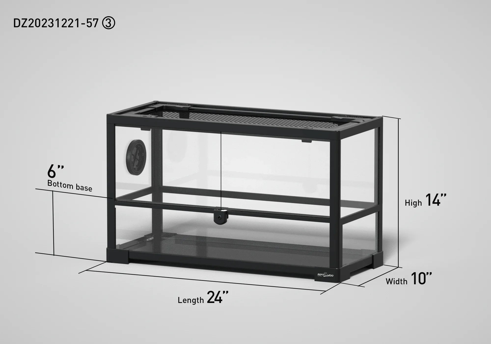 Glass reptile terrarium, 24x10x14 inches, mesh top, black frame, sliding doors, side vent