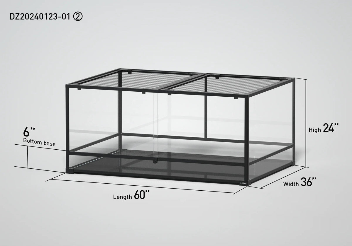 Large glass reptile terrarium with mesh top, measuring 60x36x24 inches, 6 inch base. Main image