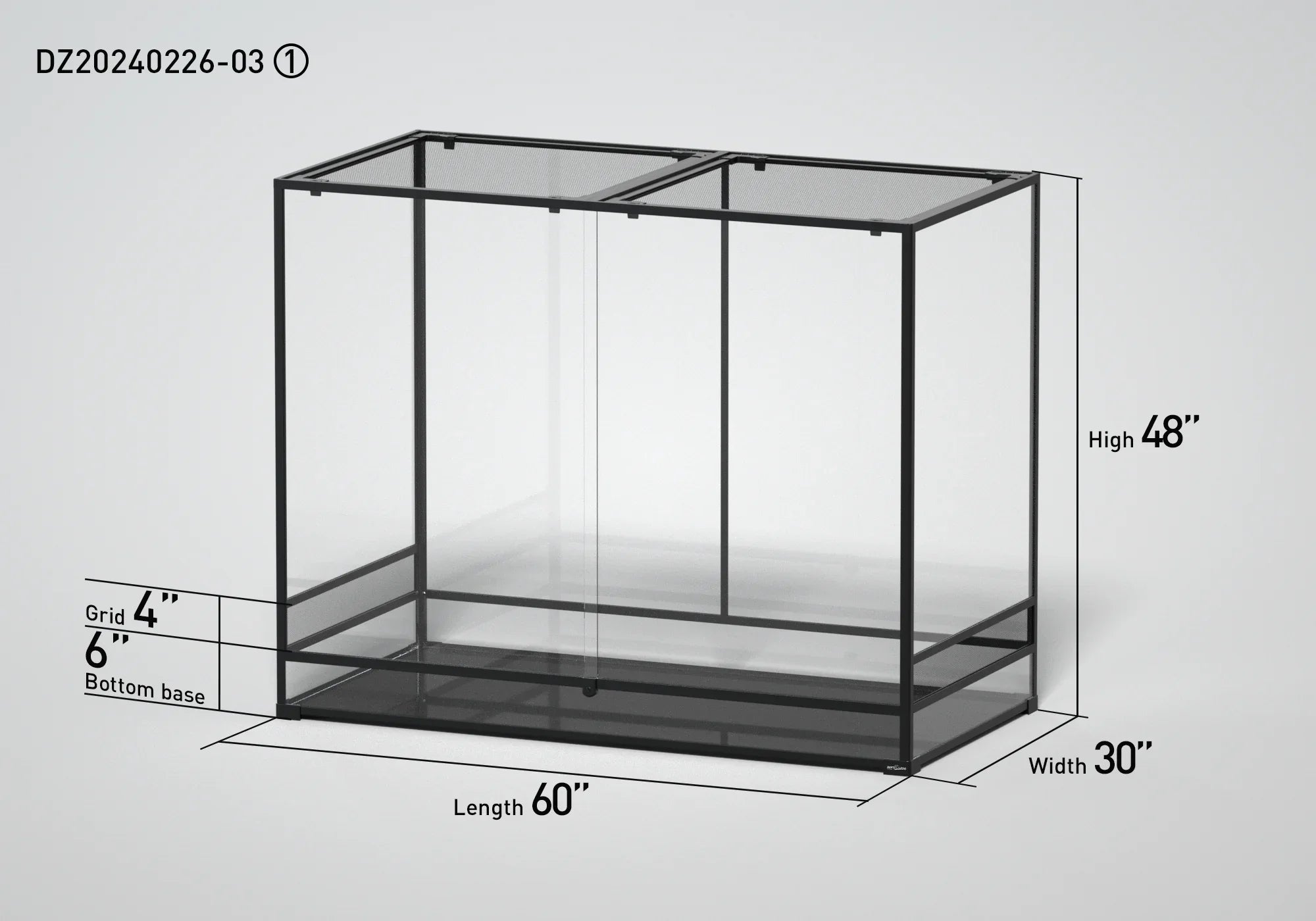 Large glass reptile terrarium with mesh top, 60x30x48 inches, shown with labeled dimensions. Main image