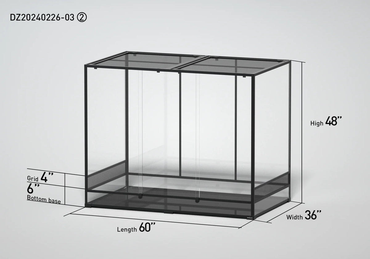 Large glass reptile terrarium, 60x36x48 inches, with mesh grid and sliding doors. Main image