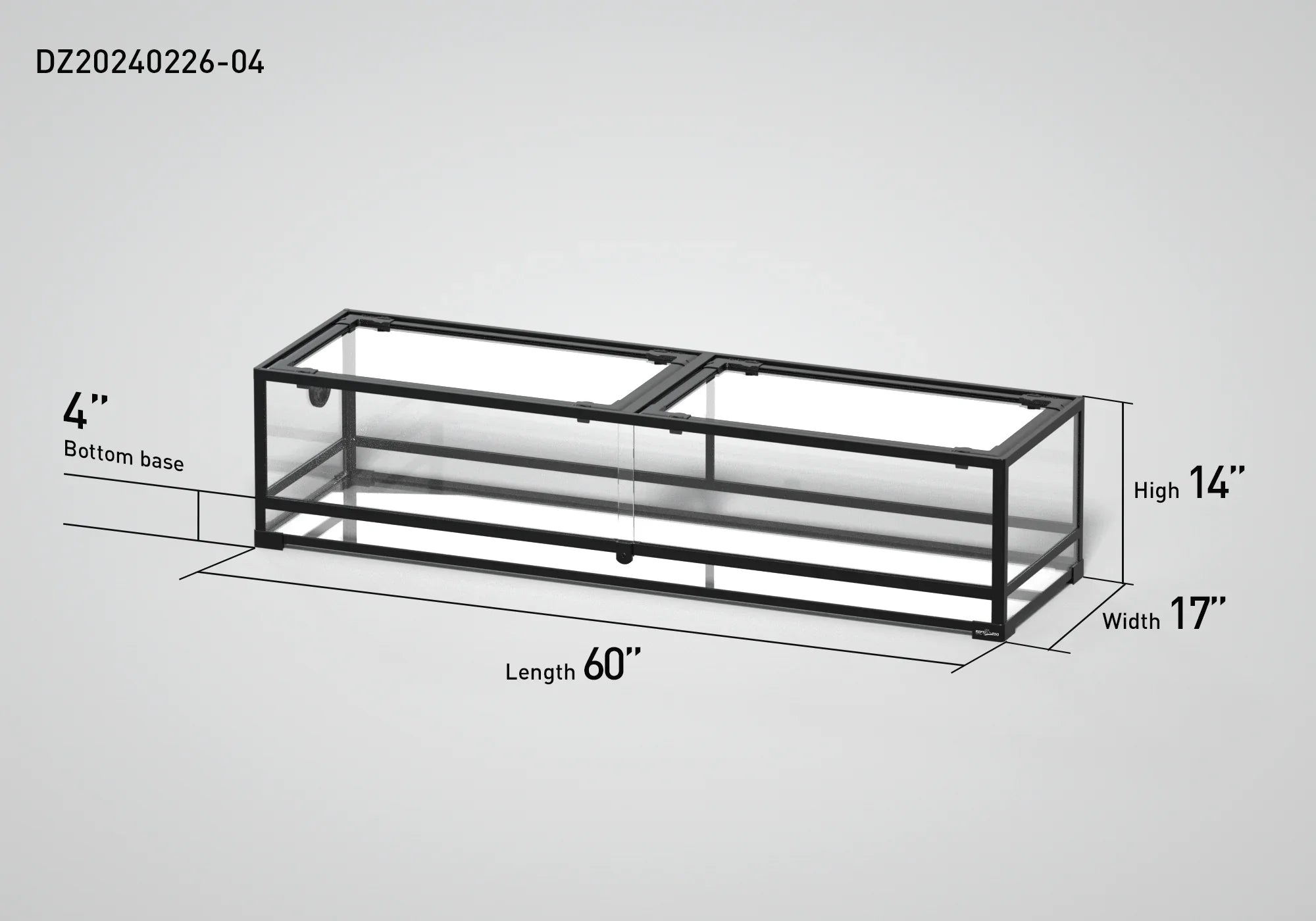 Glass reptile terrarium cage with black frame, 60x17x14 inches, measured dimensions shown Main image