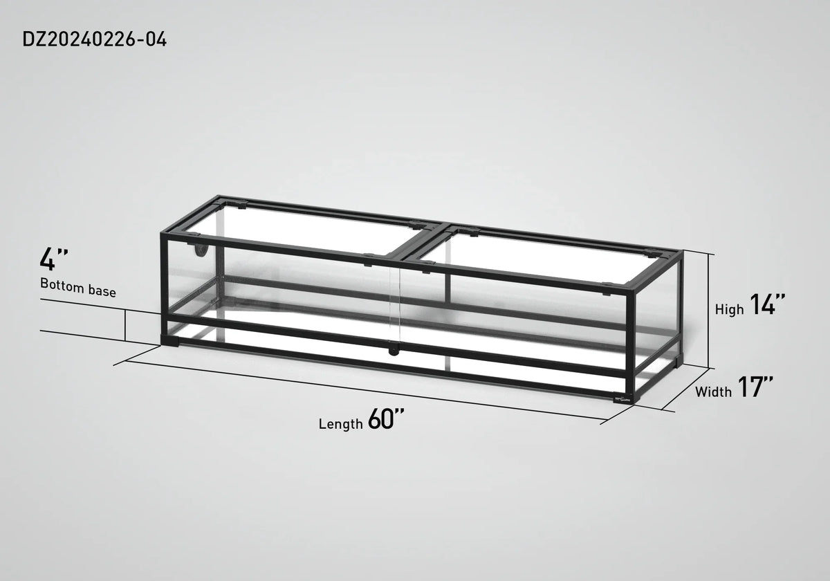 Glass reptile terrarium cage with black frame, 60x17x14 inches, measured dimensions shown