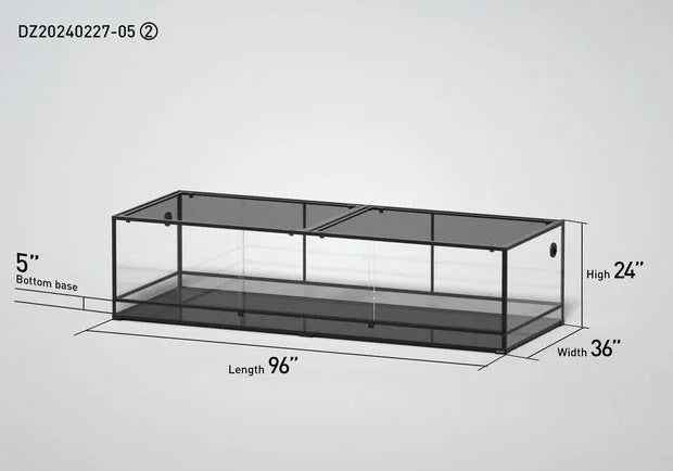Large glass reptile terrarium cage measuring 96x36x24 inches with bottom base height labeled. Main image