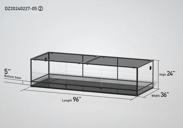 Large glass reptile terrarium cage measuring 96x36x24 inches with bottom base height labeled.