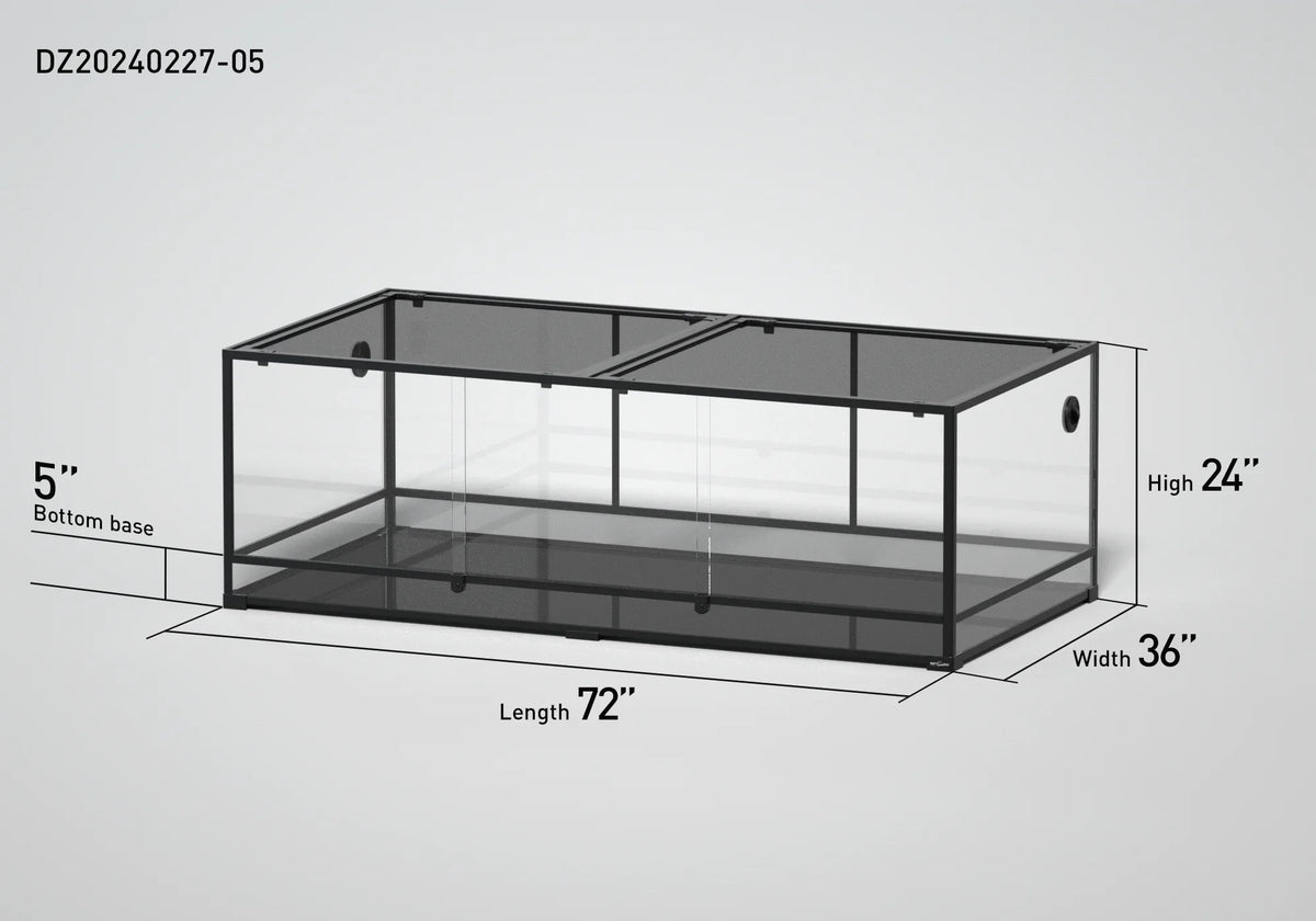 Large glass reptile terrarium, 72x36x24 inches, with 5-inch bottom base and sliding doors