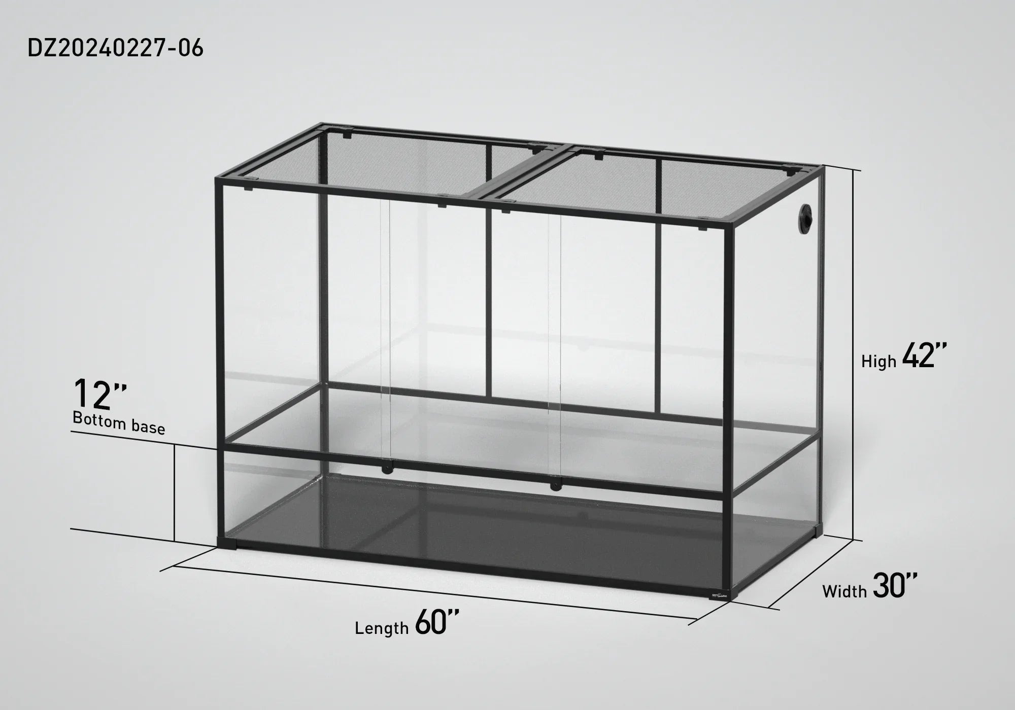 Large glass reptile terrarium with mesh top, sliding doors, 60x30x42 inch dimensions labeled. Main image