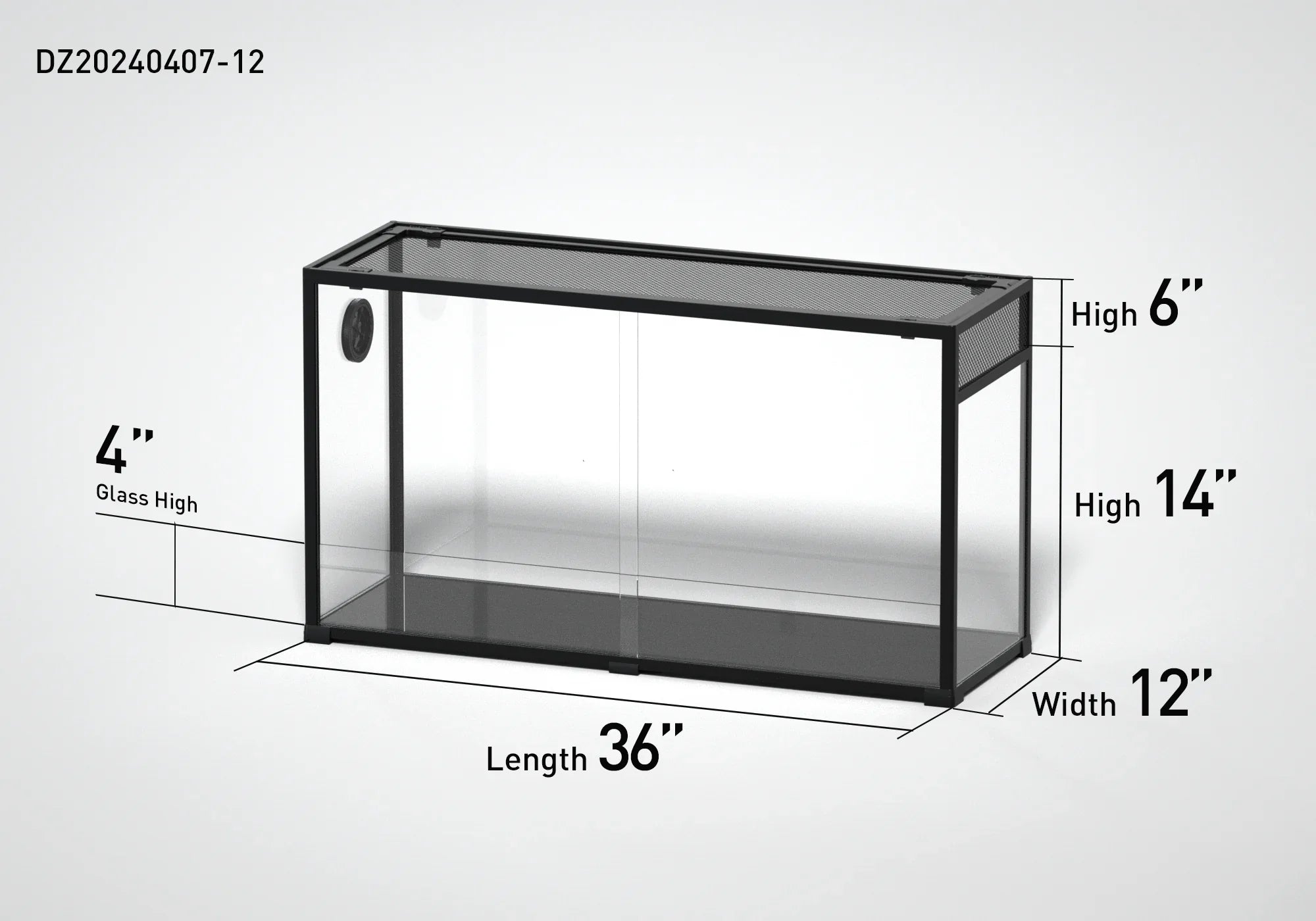 Rectangular reptile terrarium with mesh top, 36x12x14 inches, side ventilation and labeled dimensions. Main image