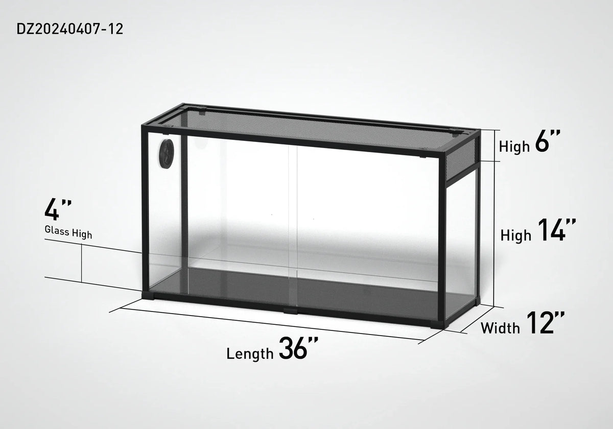 Rectangular reptile terrarium with mesh top, 36x12x14 inches, side ventilation and labeled dimensions.